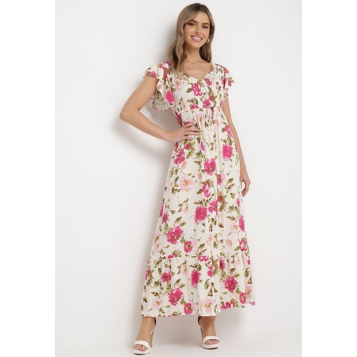 Jasnobeżowa Rozkloszowana Sukienka Maxi z Wiskozy w Kwiatowy Print Unadis ze sklepu Born2be Odzież w kategorii Sukienki - zdjęcie 169616502