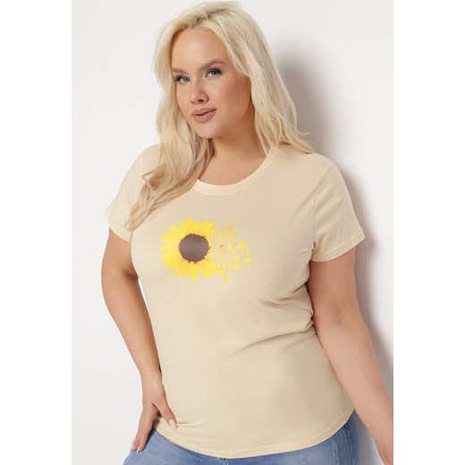 Beżowy Bawełniany T-shirt z Nadrukiem na Przodzie Galamella ze sklepu Born2be Odzież w kategorii Bluzki damskie - zdjęcie 169616693