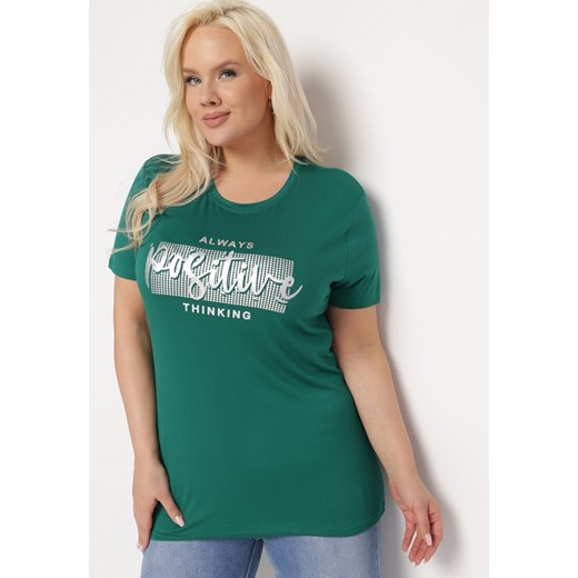 Ciemnozielony T-shirt z Ozdobnym Nadrukiem z Metalicznym Połyskiem Neomania ze sklepu Born2be Odzież w kategorii Bluzki damskie - zdjęcie 169616800