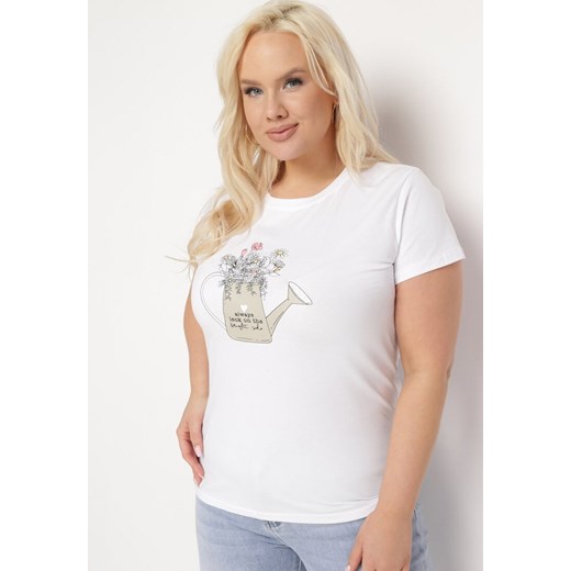 Biały Bawełniany T-shirt z Ozdobnym Nadrukiem Littana ze sklepu Born2be Odzież w kategorii Bluzki damskie - zdjęcie 169616842