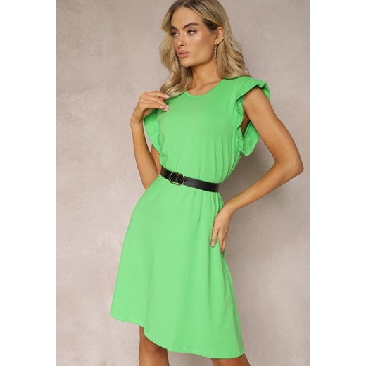 Zielona Trapezowa Sukienka z Elastycznej Bawełny z Falbankami Przy Ramionach Aleradia ze sklepu Renee odzież w kategorii Sukienki - zdjęcie 169629163