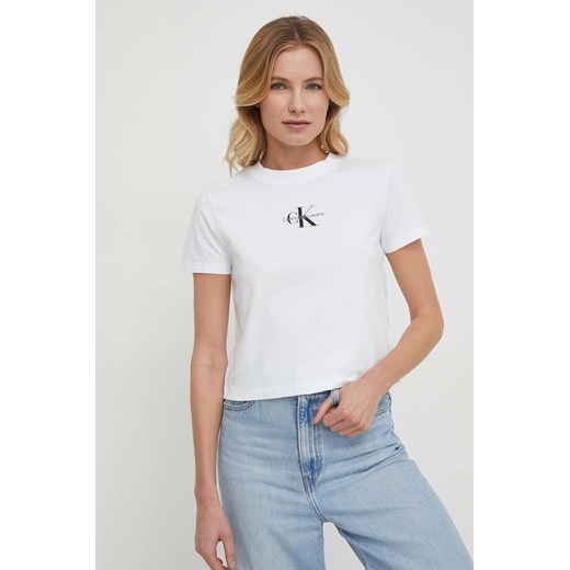 Bluzka damska Calvin Klein z okrągłym dekoltem z krótkimi rękawami biała młodzieżowa 