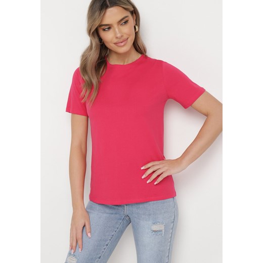 Różowy Bawełniany T-shirt o Klasycznym Fasonie Hebea ze sklepu Born2be Odzież w kategorii Bluzki damskie - zdjęcie 169646262