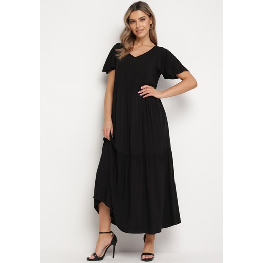 Czarna Bawełniana Sukienka Maxi z Krótkim Rękawem Rozkloszowana Leviossa ze sklepu Born2be Odzież w kategorii Sukienki - zdjęcie 169646381
