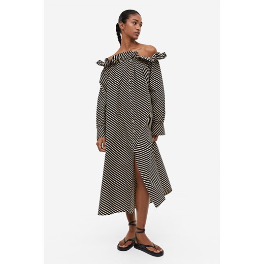 H & M sukienka szara casual maxi z dekoltem typu hiszpanka z odkrytymi ramionami 