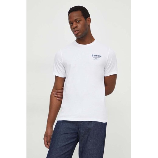 Barbour t-shirt bawełniany męski kolor biały z nadrukiem ze sklepu ANSWEAR.com w kategorii T-shirty męskie - zdjęcie 169650661
