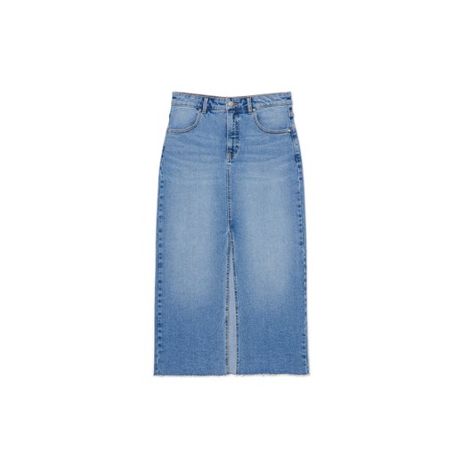 Cropp - Ciemnoniebieska jeansowa spódnica midi - niebieski ze sklepu Cropp w kategorii Spódnice - zdjęcie 169659651