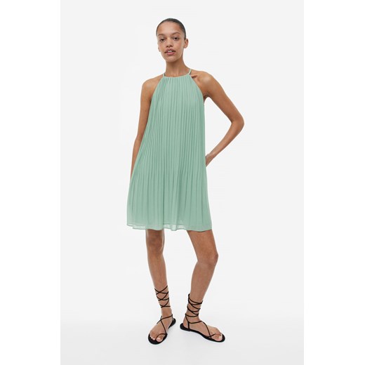 Sukienka H & M mini casualowa zielona bez rękawów z okrągłym dekoltem 