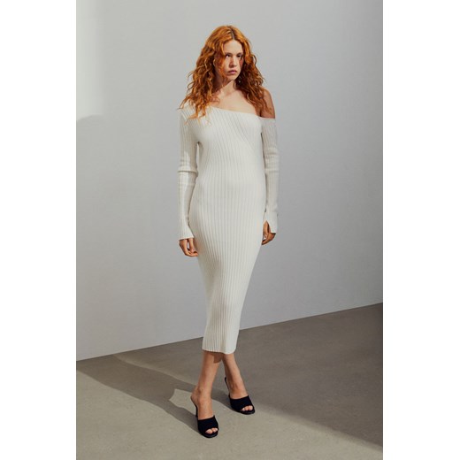 H & M - Dzianinowa sukienka na jedno ramię - Beżowy H & M L H&M