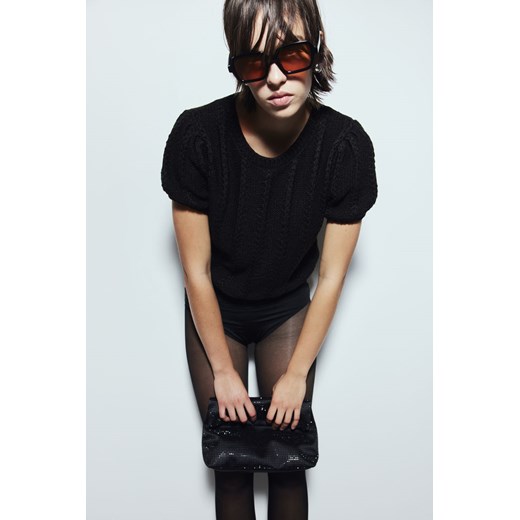 H & M - Dzianinowy top z bufiastym rękawem - Czarny ze sklepu H&M w kategorii Bluzki damskie - zdjęcie 169680474