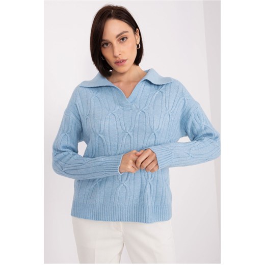 Sweter z warkoczami i kołnierzem jasny niebieski Wool Fashion Italia one size 5.10.15