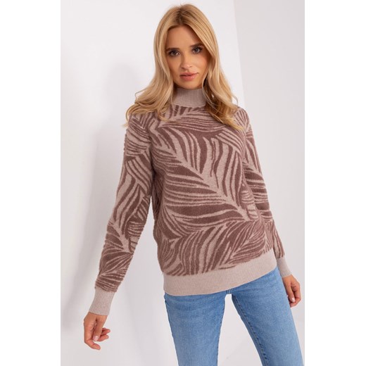 Brązowy damski sweter z golfem z motywem roślinnym ze sklepu 5.10.15 w kategorii Swetry damskie - zdjęcie 169686252