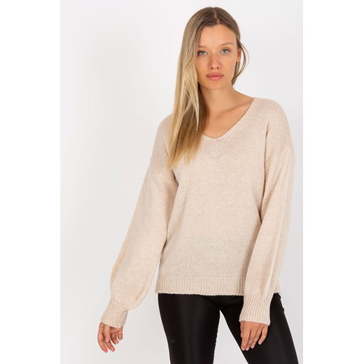 Beżowy cienki sweter klasyczny z szerokim rękawem OCH BELLA ze sklepu 5.10.15 w kategorii Swetry damskie - zdjęcie 169687503