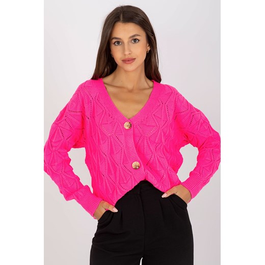 Fluo różowy ażurowy sweter rozpinany z guzikami RUE PARIS ze sklepu 5.10.15 w kategorii Swetry damskie - zdjęcie 169687594