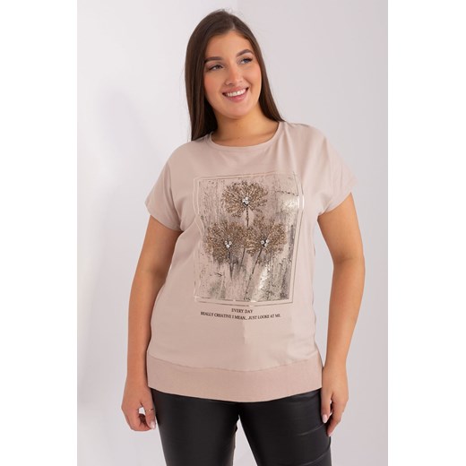 Beżowy t-shirt damski z motywem roślinnym plus size - RELEVANCE ze sklepu 5.10.15 w kategorii Bluzki damskie - zdjęcie 169688363