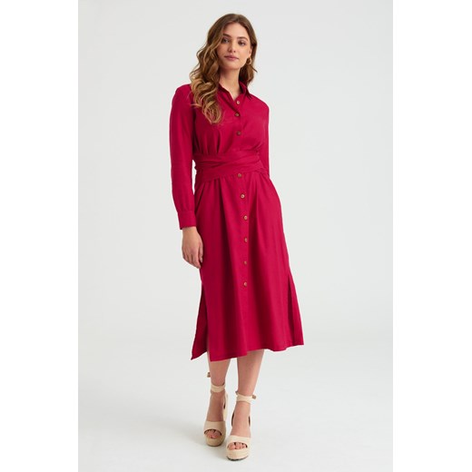 Lniana Rozkloszowana sukienka za kolano czerwona ze sklepu 5.10.15 w kategorii Sukienki - zdjęcie 169690081