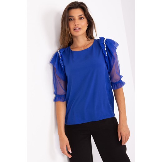 Kobaltowa damska bluzka wizytowa z aplikacją ze sklepu 5.10.15 w kategorii Bluzki damskie - zdjęcie 169692130