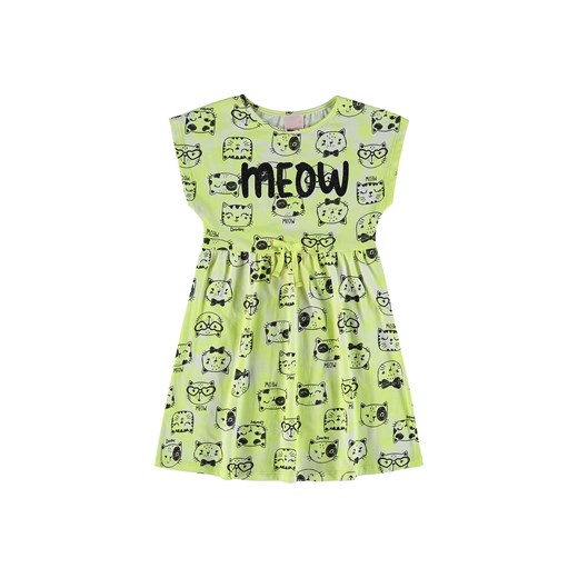 Limonkowa sukienka dziewczęca z krótkim rękawem w koty ze sklepu 5.10.15 w kategorii Sukienki dziewczęce - zdjęcie 169692260