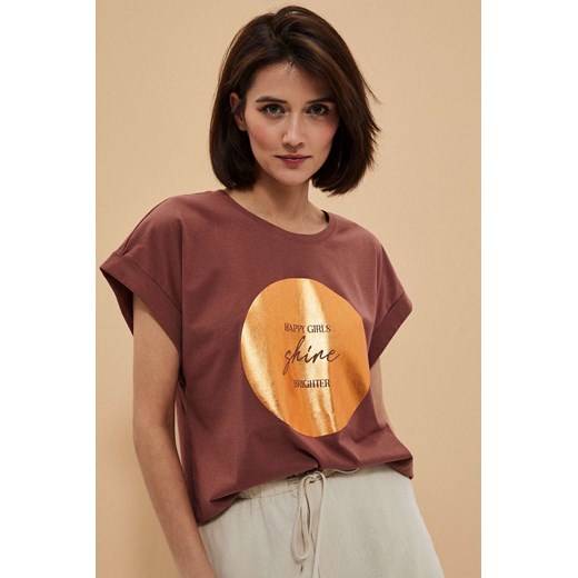 Bawełniany t-shirt damski z nadrukiem brązowy XS okazyjna cena 5.10.15