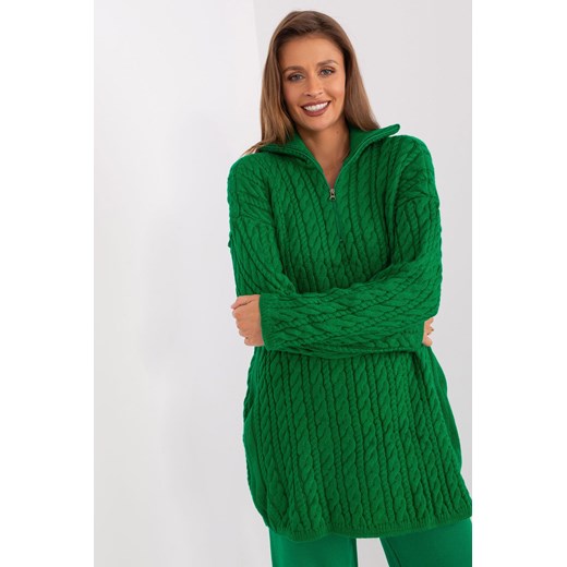 Długi sweter z warkoczami i suwakiem zielony ze sklepu 5.10.15 w kategorii Swetry damskie - zdjęcie 169694431