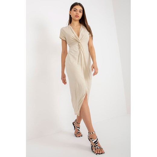Beżowa sukienka koktajlowa z krótkim rękawem Italy Moda one size 5.10.15
