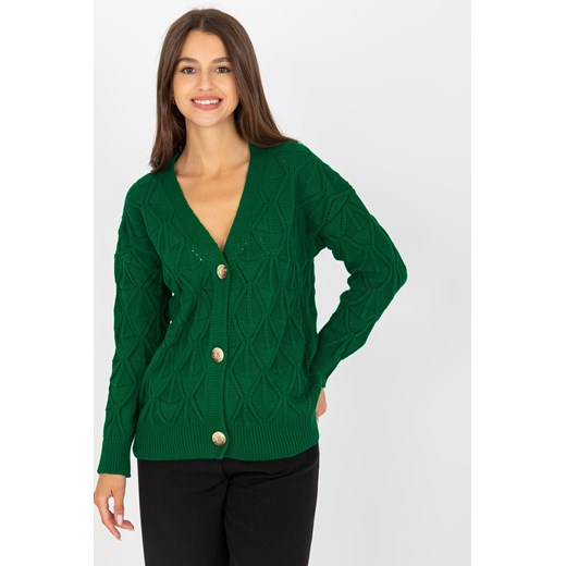 Ciemnozielony ażurowy sweter rozpinany z guzikami RUE PARIS ze sklepu 5.10.15 w kategorii Swetry damskie - zdjęcie 169695142