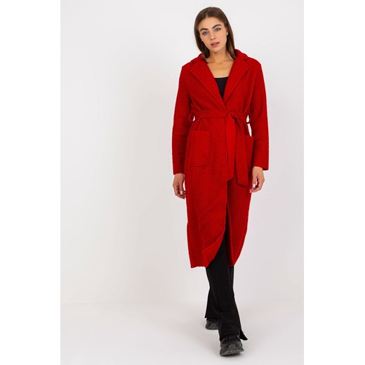 Czerwony pluszowy maxi płaszcz z paskiem Merve OCH BELLA ze sklepu 5.10.15 w kategorii Płaszcze damskie - zdjęcie 169695862