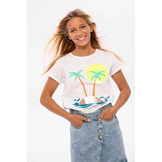 Biała koszulka dla dziewczynki bawełniana z nadrukiem palm ze sklepu 5.10.15 w kategorii Bluzki dziewczęce - zdjęcie 169697053