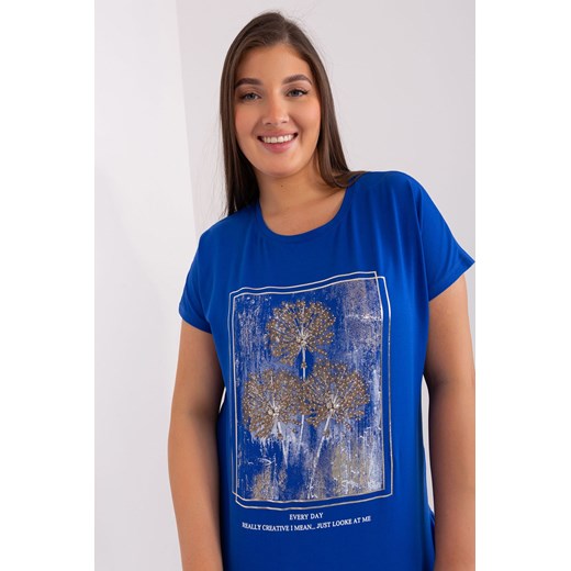 Kobaltowy t-shirt damski z motywem roślinnym plus size - RELEVANCE Relevance one size 5.10.15