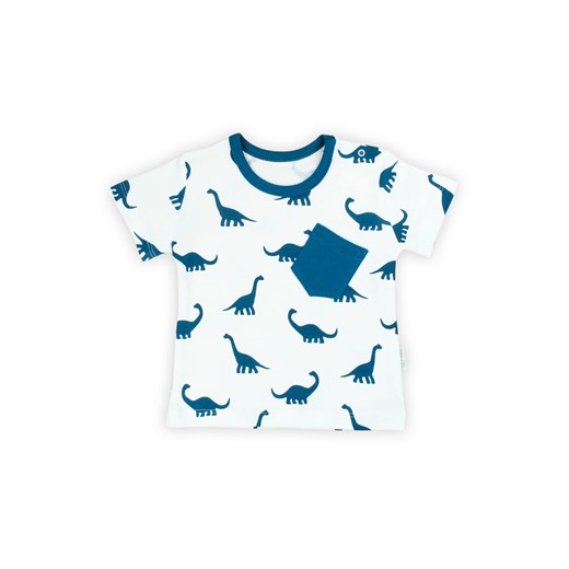 Biały t-shirt niemowlęcy bawełniany z kieszonką- niebieskie dinozaury ze sklepu 5.10.15 w kategorii Koszulki niemowlęce - zdjęcie 169697964