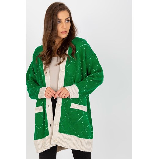 Zielony luźny sweter rozpinany ze wzorem RUE PARIS one size 5.10.15