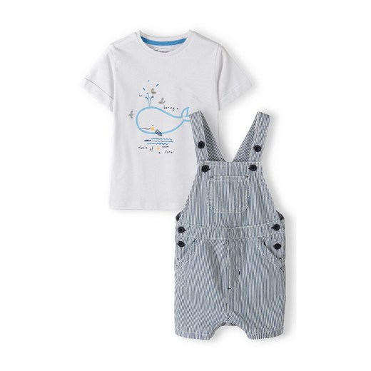 Komplet niemowlęcy bawełniany - biały t-shirt + ogrodniczki w paski ze sklepu 5.10.15 w kategorii Komplety niemowlęce - zdjęcie 169699010