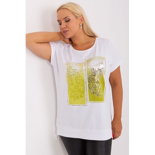 Ecru-limonkowa bluzka bawełniana plus size z krótkim rękawem ze sklepu 5.10.15 w kategorii Bluzki damskie - zdjęcie 169700422