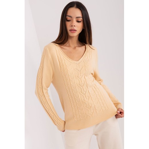 Beżowy sweter damski z warkoczami i dekoltem V ze sklepu 5.10.15 w kategorii Swetry damskie - zdjęcie 169701680