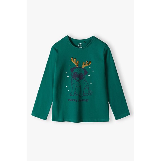 Bluzka dziewczęca z napisem "Merry Pugmas" - zielona Family Concept By 5.10.15. 92 promocja 5.10.15
