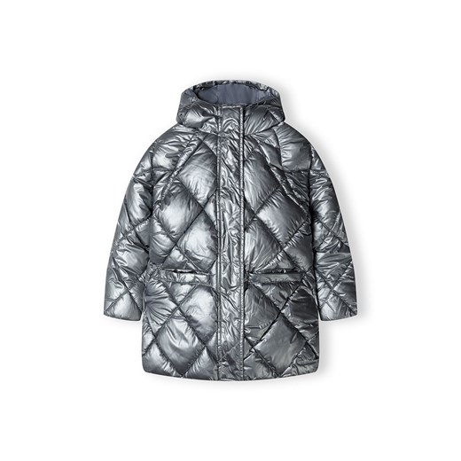 Metaliczny pikowany ocieplany płaszcz z kapturem dla dziewczynki- srebrny ze sklepu 5.10.15 w kategorii Kurtki dziewczęce - zdjęcie 169704480