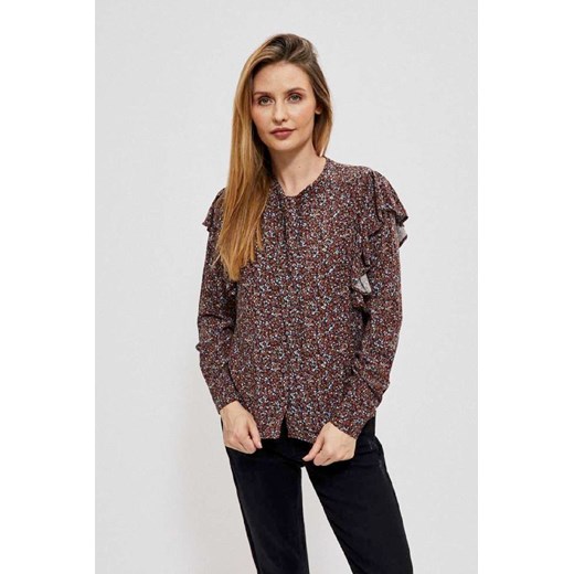 Koszula damska z wiązanym dekoltem i falbanami- brązowa ze sklepu 5.10.15 w kategorii Bluzki damskie - zdjęcie 169706340