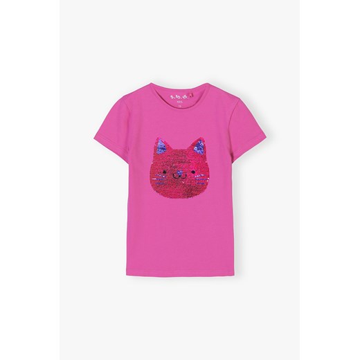 T-shirt dziewczęcy z kotkiem z cekinów - magenta 5.10.15. 92 5.10.15