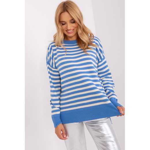 Niebiesko-ecru dzianinowy sweter oversize w paski one size 5.10.15