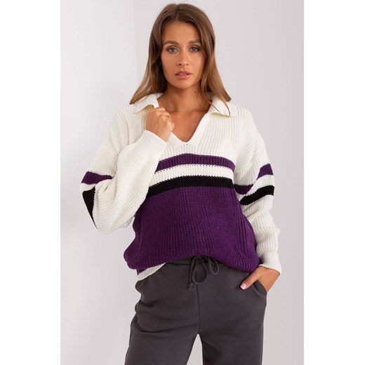 Ecru-fioletowy sweter oversize z kołnierzem ze sklepu 5.10.15 w kategorii Swetry damskie - zdjęcie 169708971