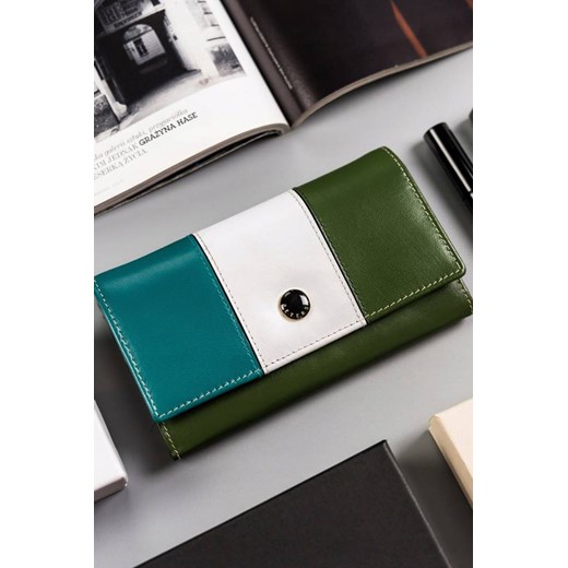 Peterson wielokolorowy, skórzany portfel damski na zatrzask- zielony ze sklepu 5.10.15 w kategorii Portfele damskie - zdjęcie 169710343