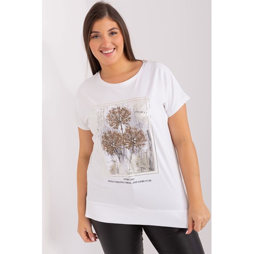 Ecru t-shirt damski z motywem roślinnym - plus size - RELEVANCE Relevance one size 5.10.15