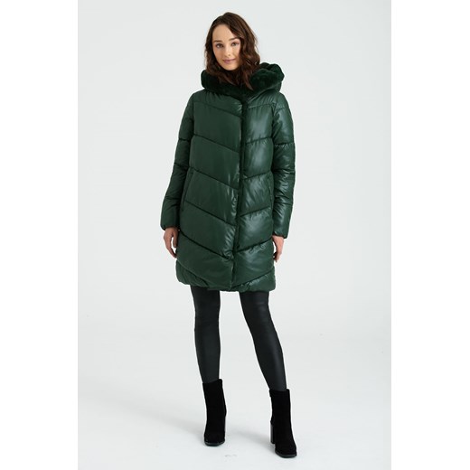 Zielona dłuższa kurtka damska z futerkowym kapturem Greenpoint 40 okazyjna cena 5.10.15