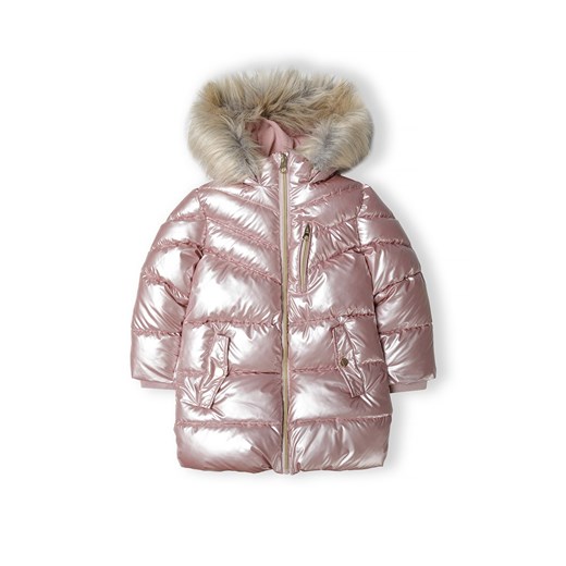 Błyszcząca metaliczna kurtka z kapturem z futerkiem dla dziewczynki ze sklepu 5.10.15 w kategorii Kurtki dziewczęce - zdjęcie 169711770