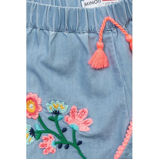 Niebieskie szorty niemowlęce z elastyczną talią oraz kolorowymi kwiatami dla Minoti 92/98 promocja 5.10.15