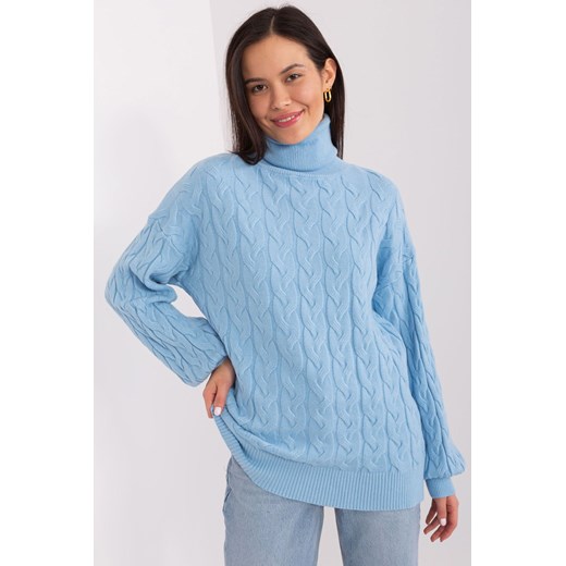 Sweter z golfem z dodatkiem wiskozy jasny niebieski Wool Fashion Italia one size promocyjna cena 5.10.15