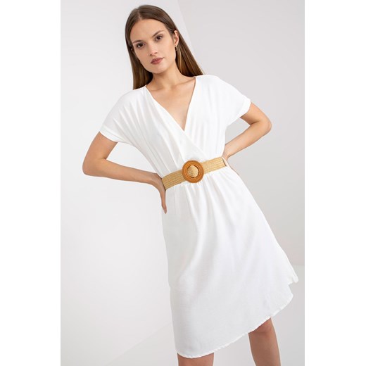 Biała sukienka na co dzień z plecionym paskiem RUE PARIS L 5.10.15