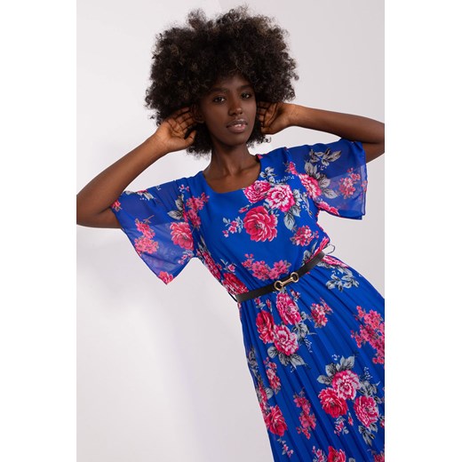 Kobaltowa plisowana sukienka damska w kwiaty - midi Italy Moda one size 5.10.15