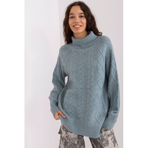 Ciemnomiętowy sweter z warkoczami i golfem ze sklepu 5.10.15 w kategorii Swetry damskie - zdjęcie 169716910