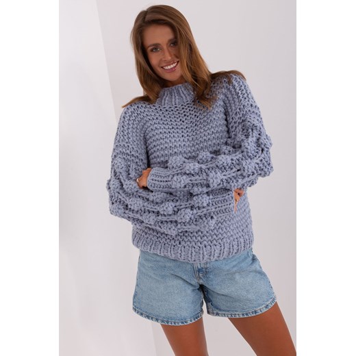 Brudnoniebieski sweter damski oversize z bufiastym rękawem one size okazja 5.10.15